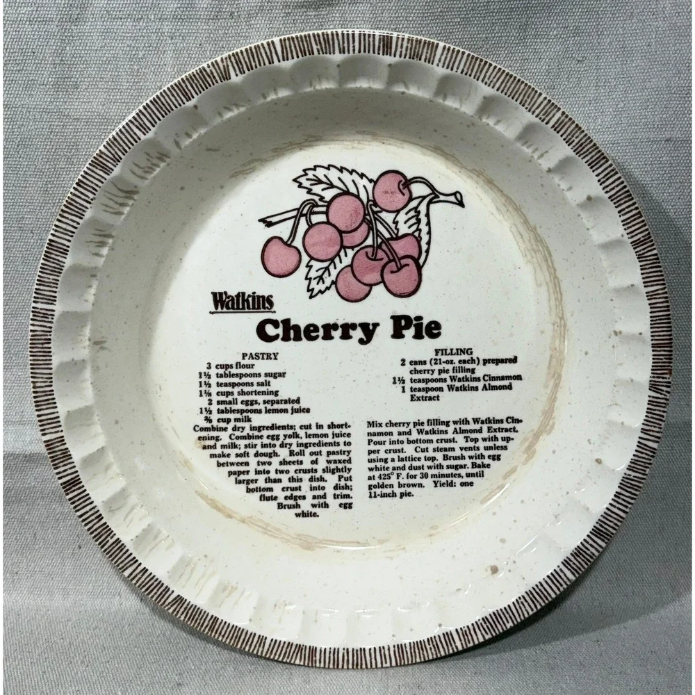 Vintage Watkins Cherry Pie Recipe Plate 11 Inch Stoneware Ceramic Dish USA 6294
